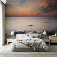 A peaceful modern abstract mural on decorative wallpaper.