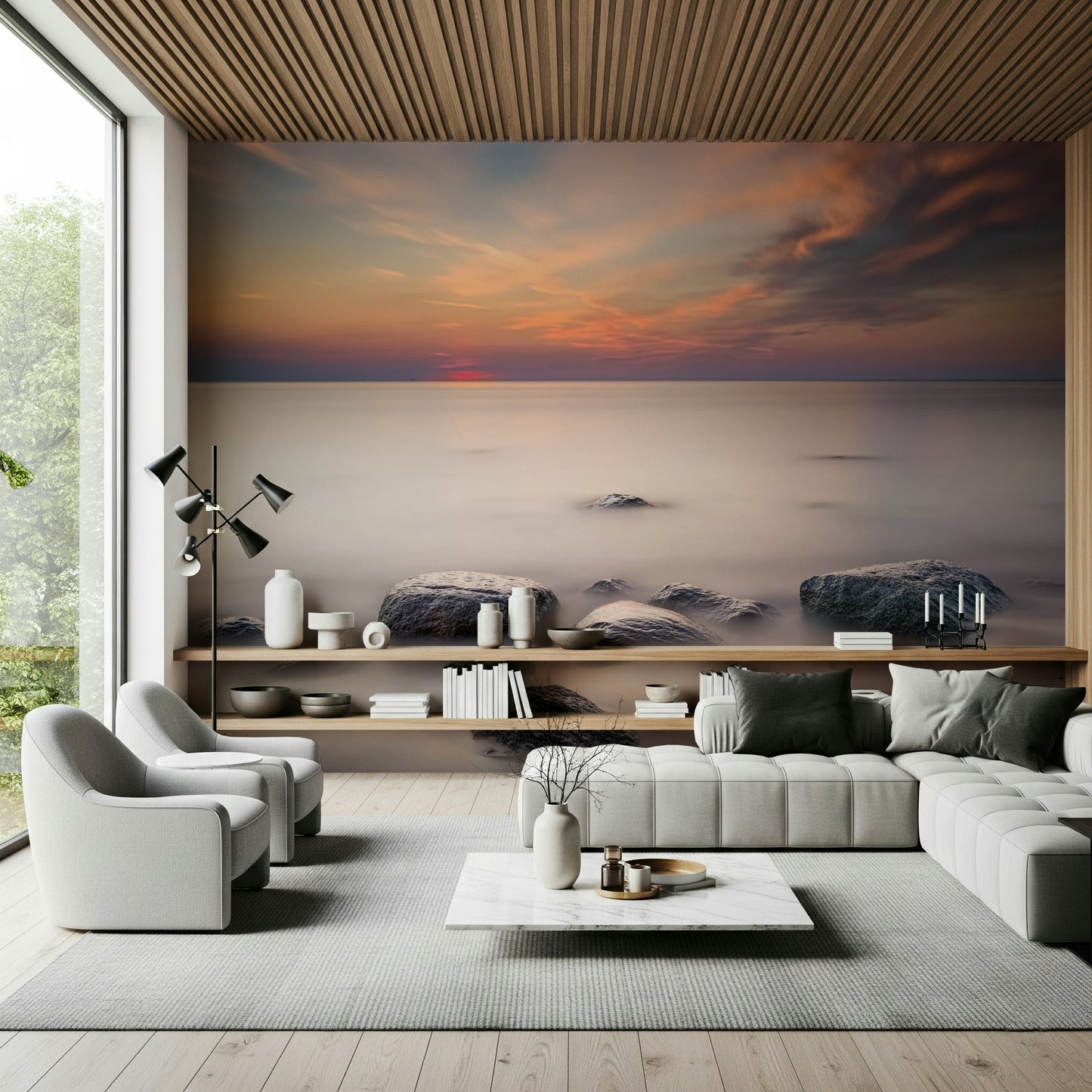 A calming underwater design wallpaper mural that defines a space.
