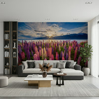 An artistic delicate bloom mural on scenic wallpaper.