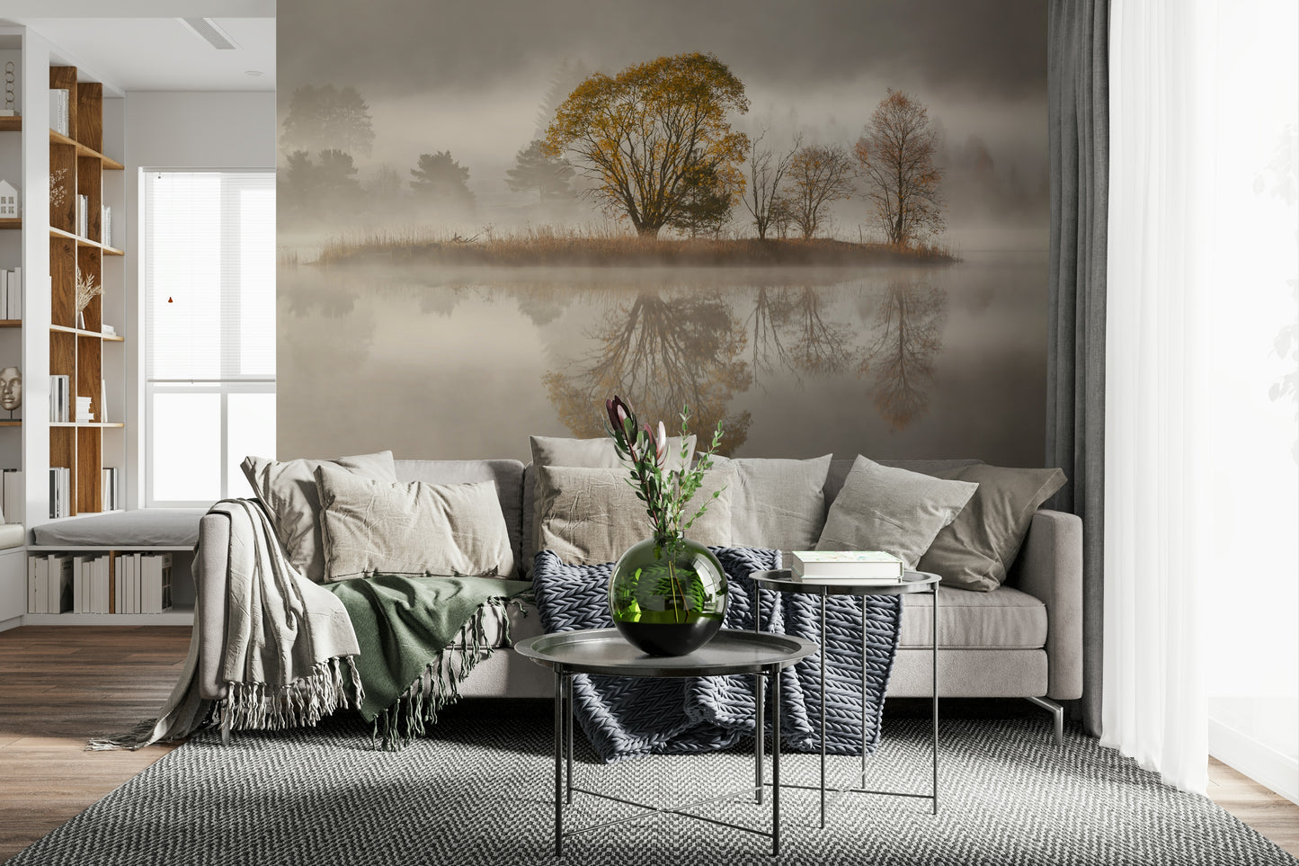 A calming serene forest wallpaper mural that defines a space.