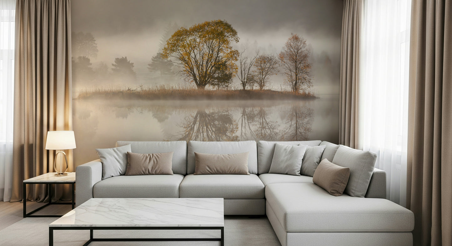 An artistic changing leaves mural on scenic wallpaper.