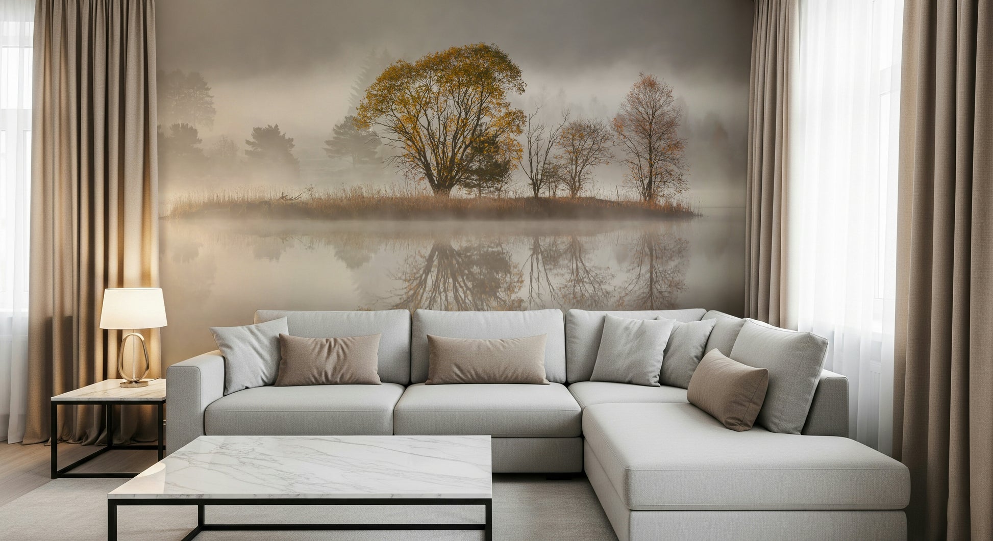 An artistic changing leaves mural on scenic wallpaper.