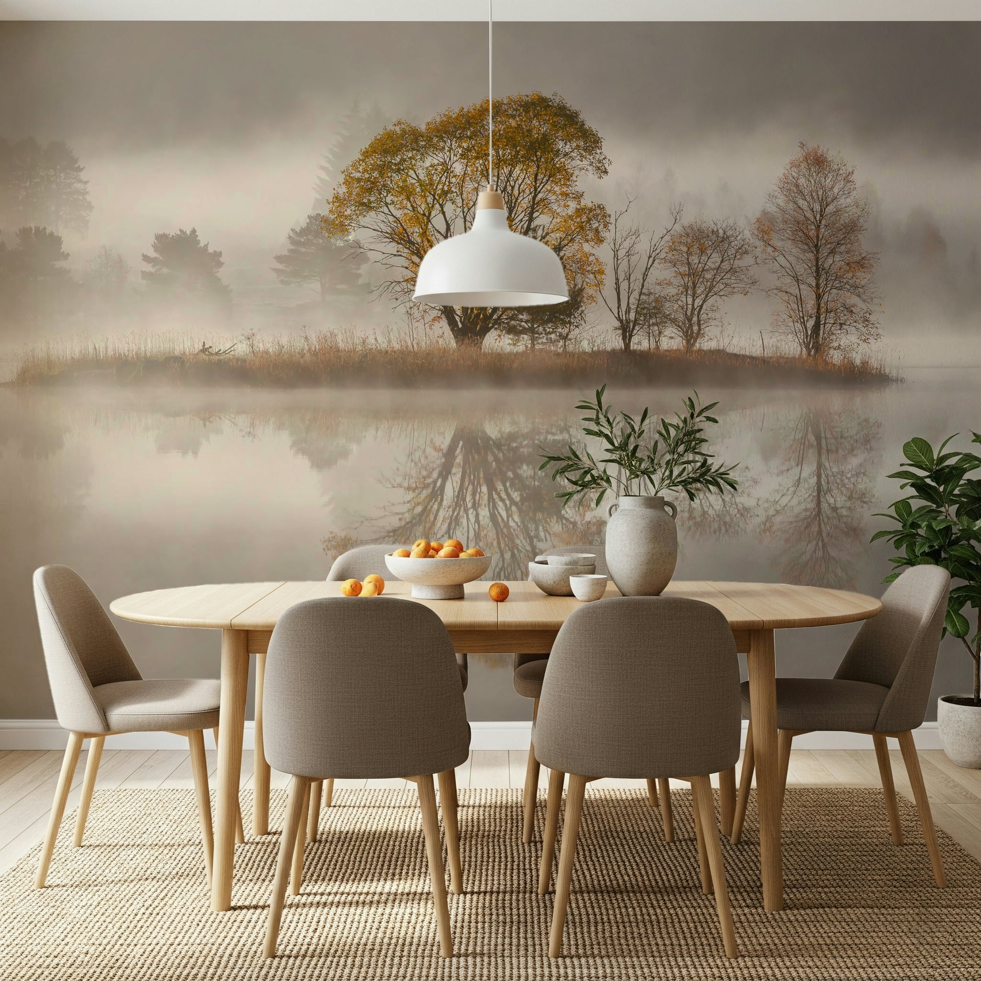 A serene subtle leaf wall mural in soft, tranquil tones.