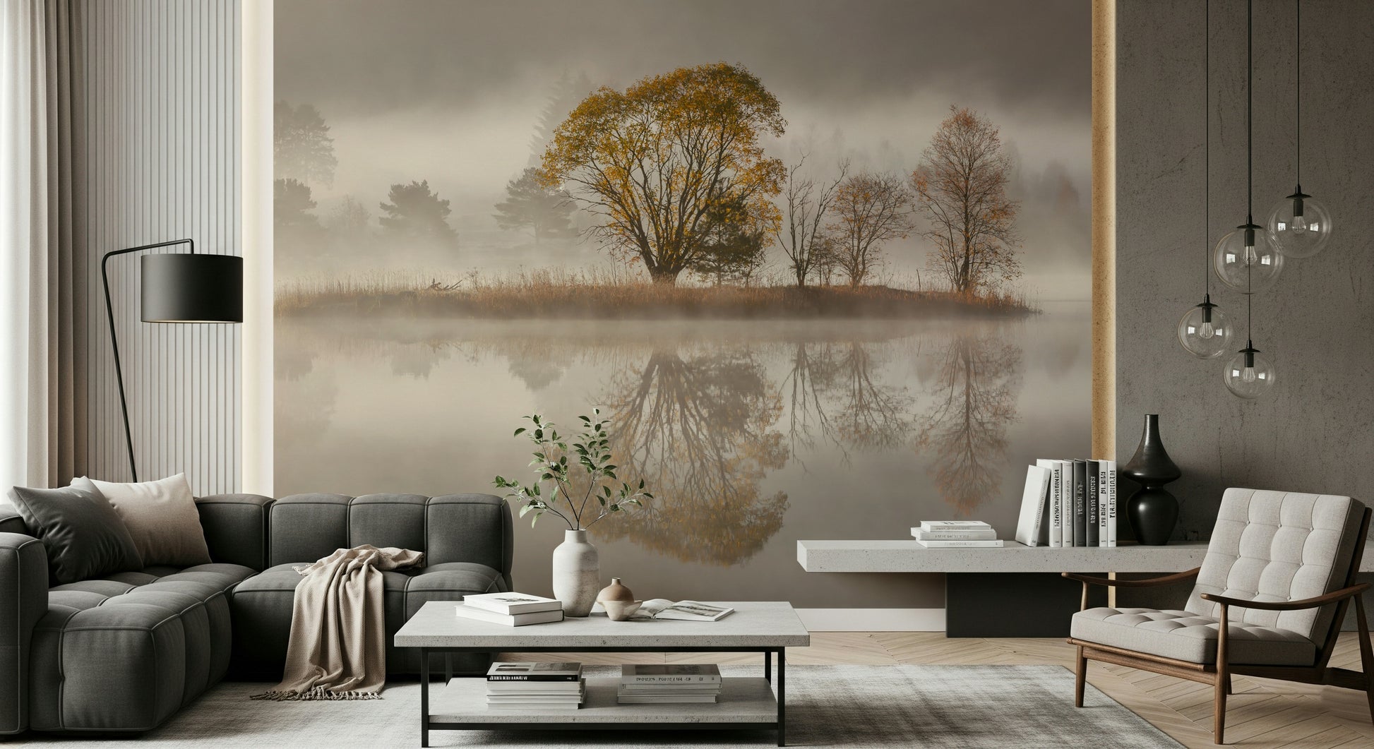 A peaceful woodland vista mural on decorative wallpaper.