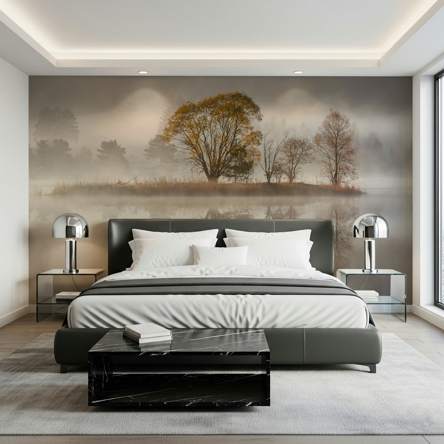 A beautiful wide-angle wall mural of a serene wood.