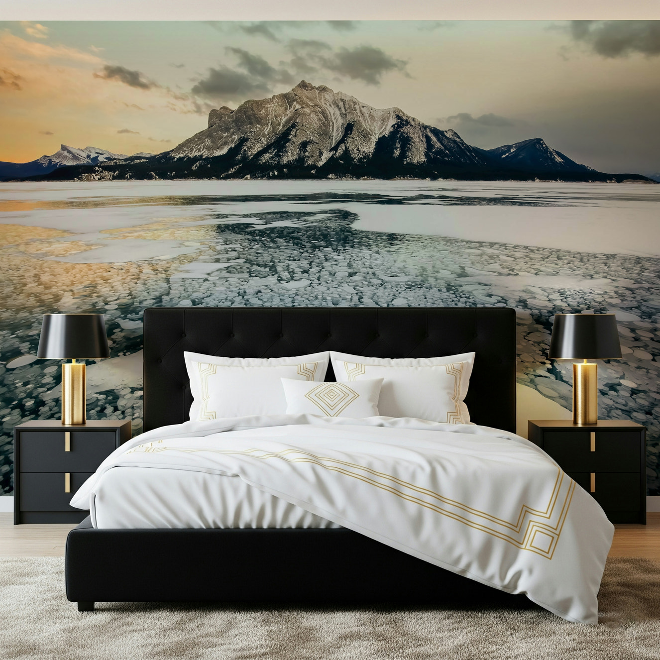 A beautiful mountain vista wallpaper mural with abstract frozen bubbles and icy textures.