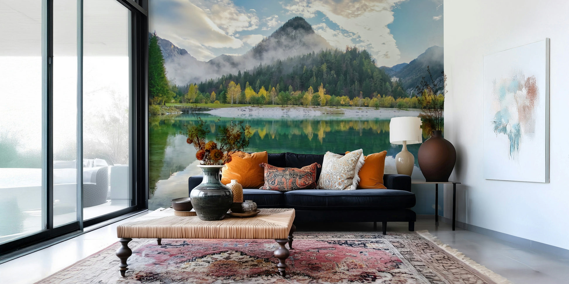 A beautiful alpine reflection wallpaper mural of a mountain lake.