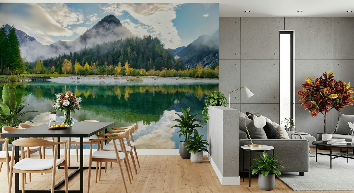 A calming serene view wallpaper mural that defines a space.