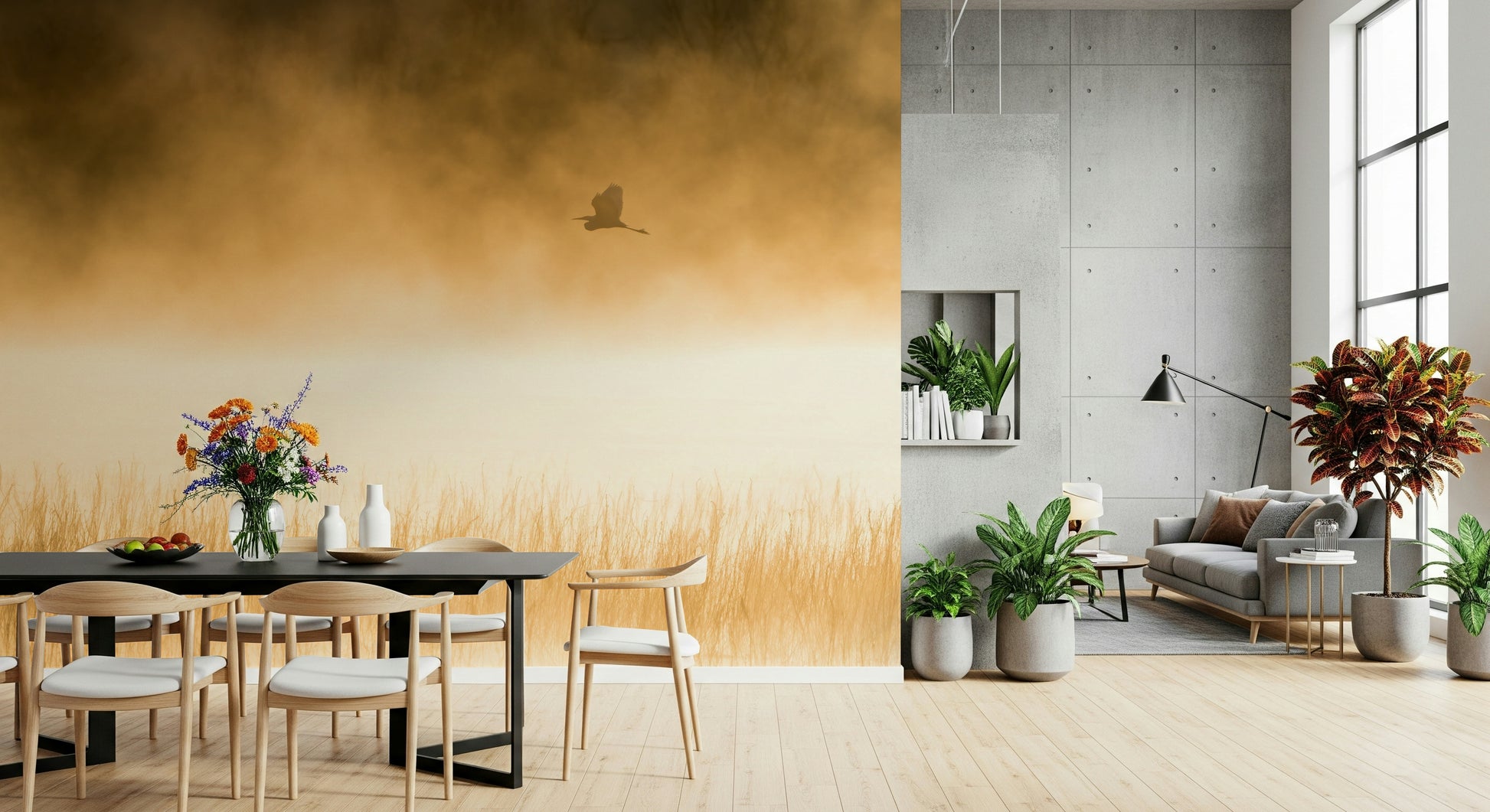 A peaceful modern abstract mural on decorative wallpaper.