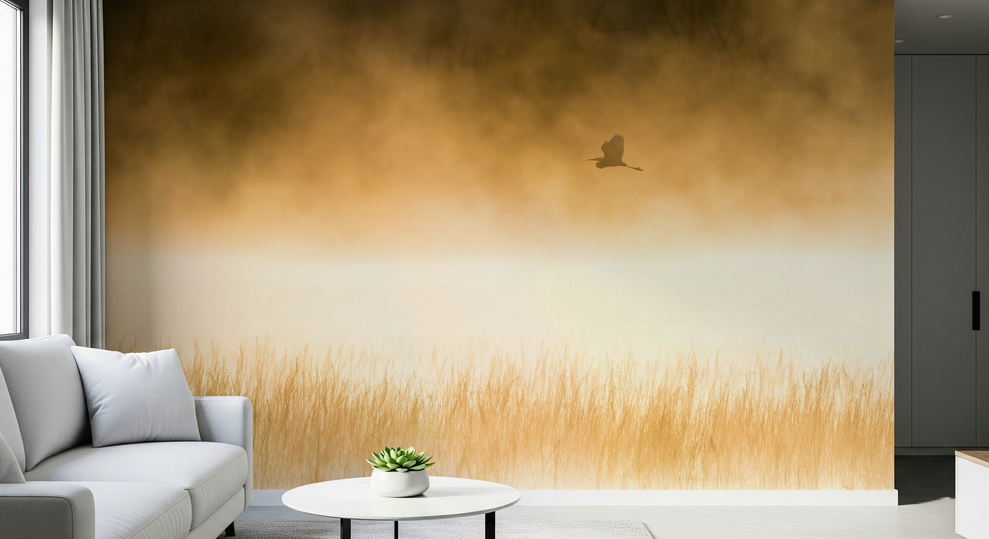 A calming abstract design wallpaper mural that defines a space.