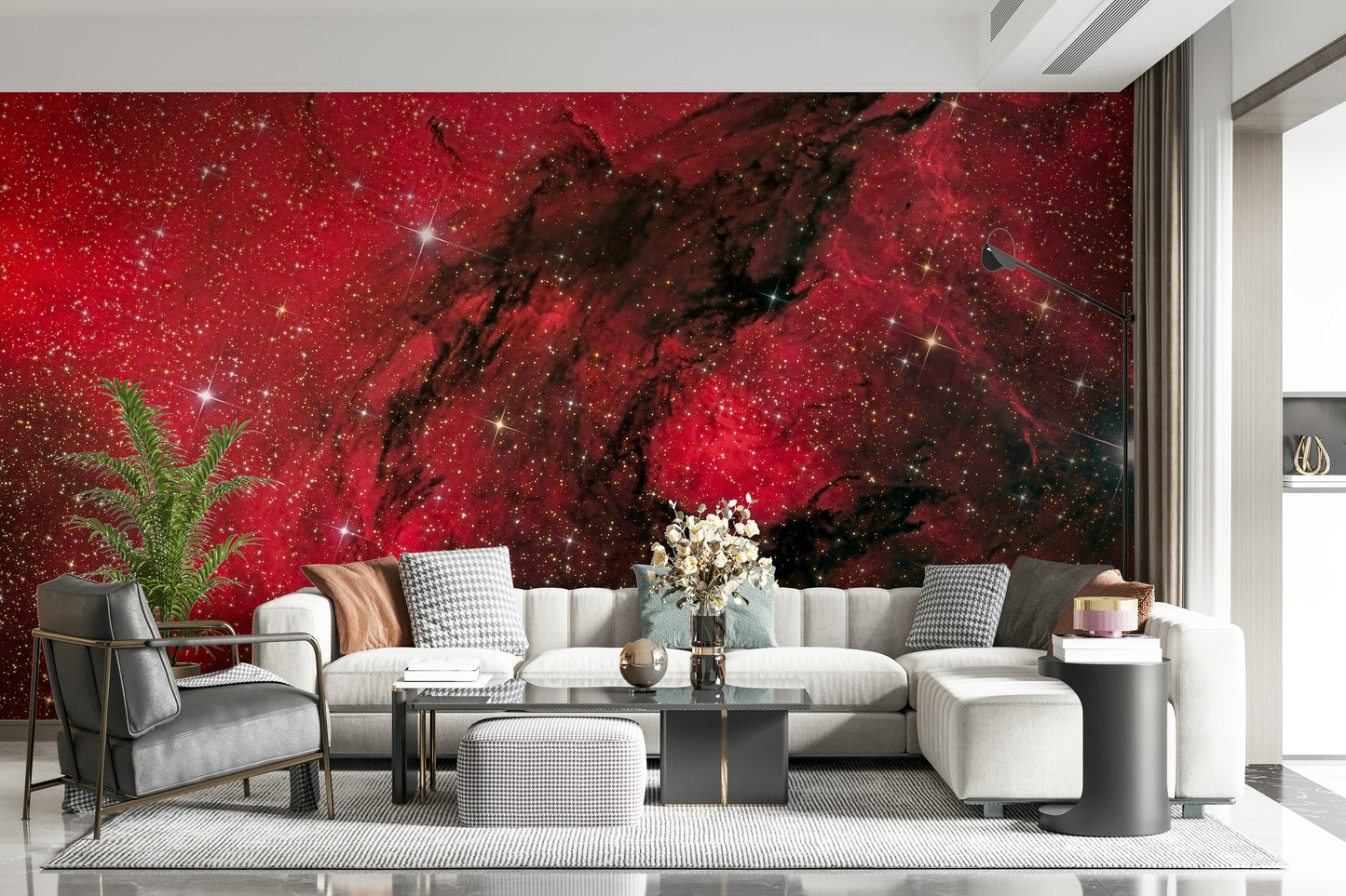 A peaceful modern abstract mural on decorative wallpaper.