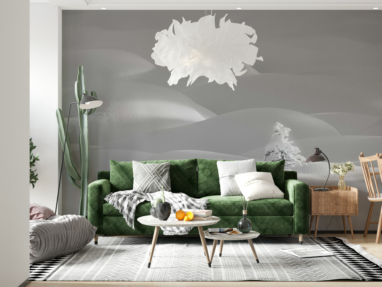 A beautiful subtle snowscape wallpaper mural for a modern home.