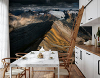 A graceful subtle mountain wall mural in cool, natural tones.