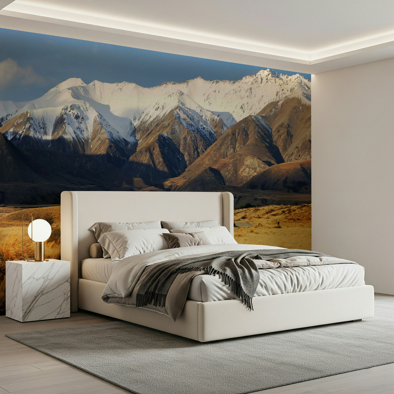 A beautiful panoramic vista wallpaper mural of snowy peaks and a winding path.