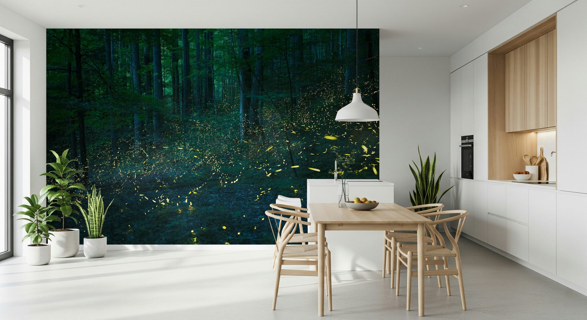 A calming serene forest wallpaper mural that defines a space.