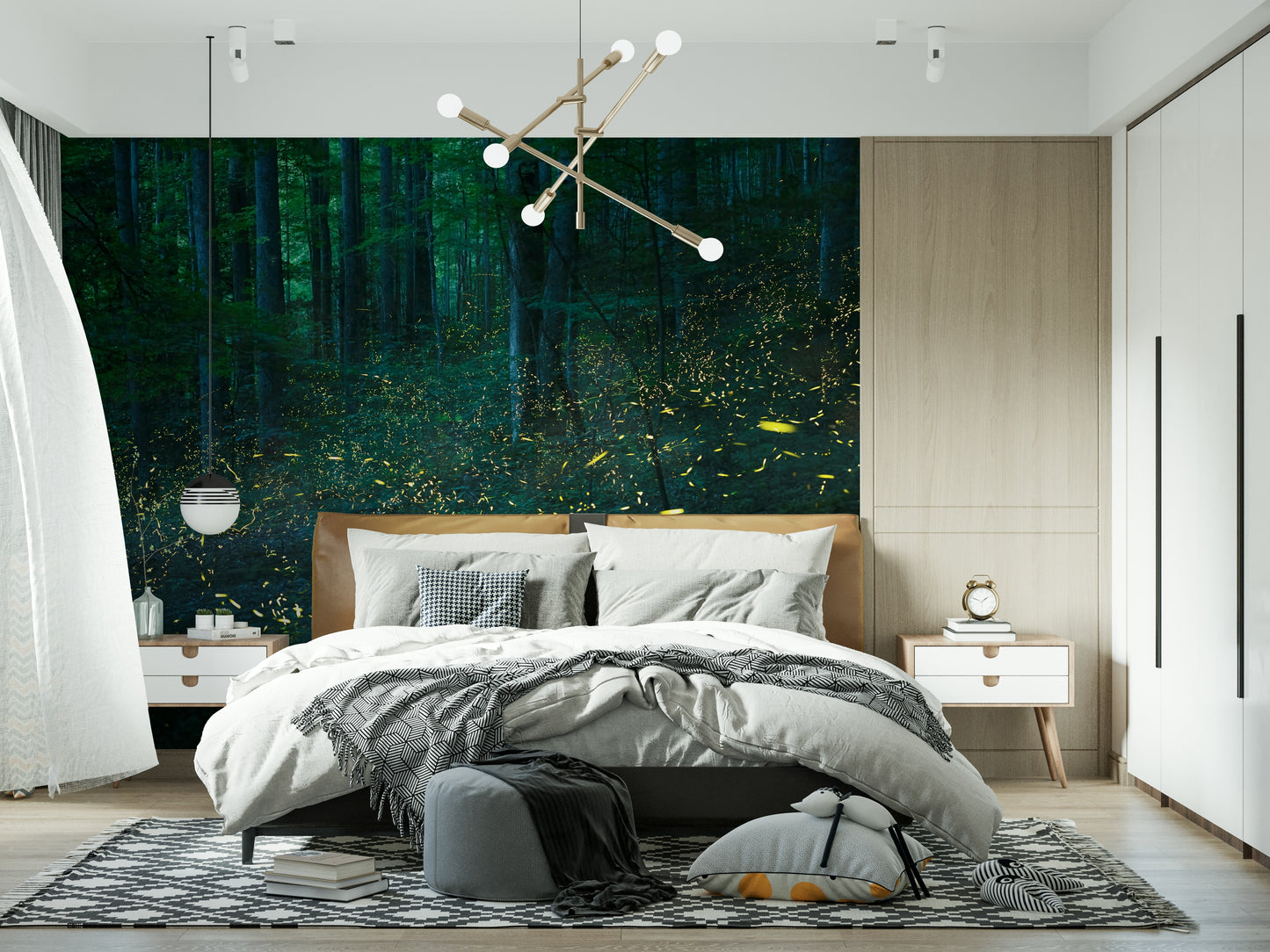 A peaceful woodland vista mural on decorative wallpaper.