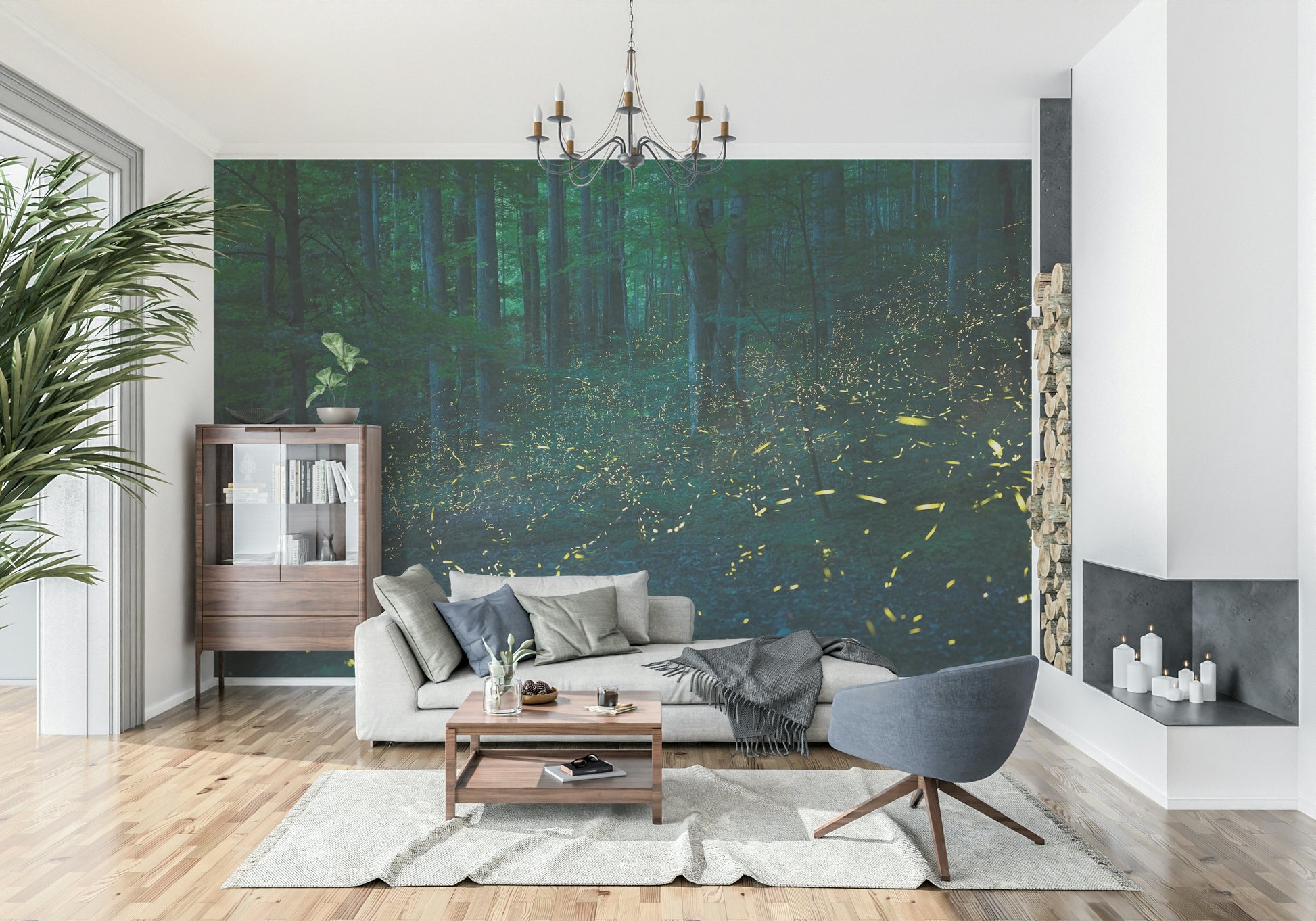 A beautiful whimsical forest wallpaper mural with glowing firefly (glowbug) lights.