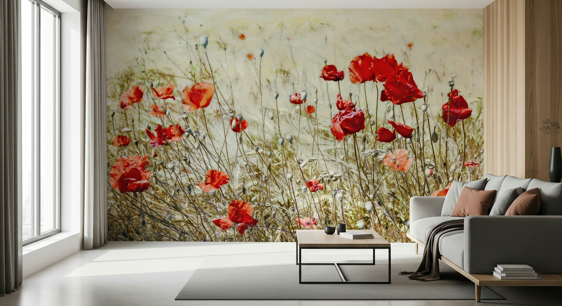 A graceful subtle flower wall mural in soft, elegant tones.