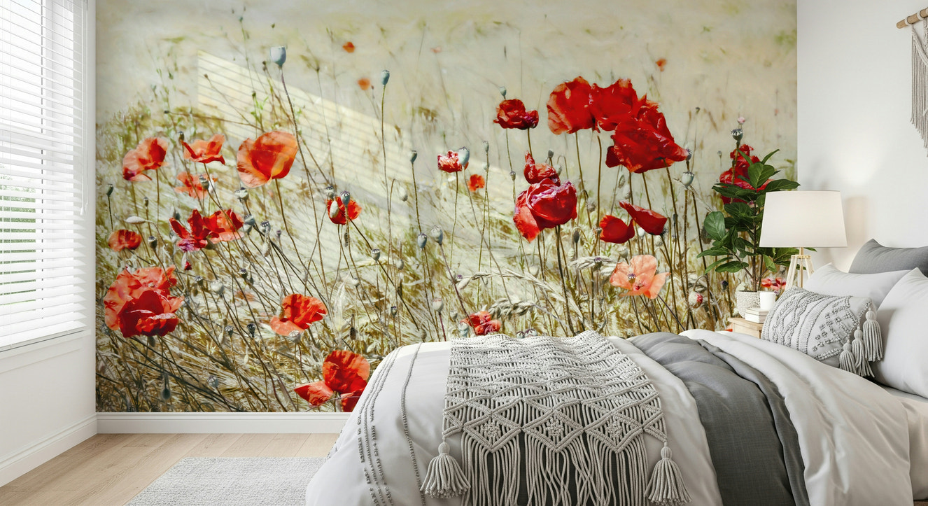 A beautiful vibrant floral wallpaper mural with scarlet red and burgundy blooms.