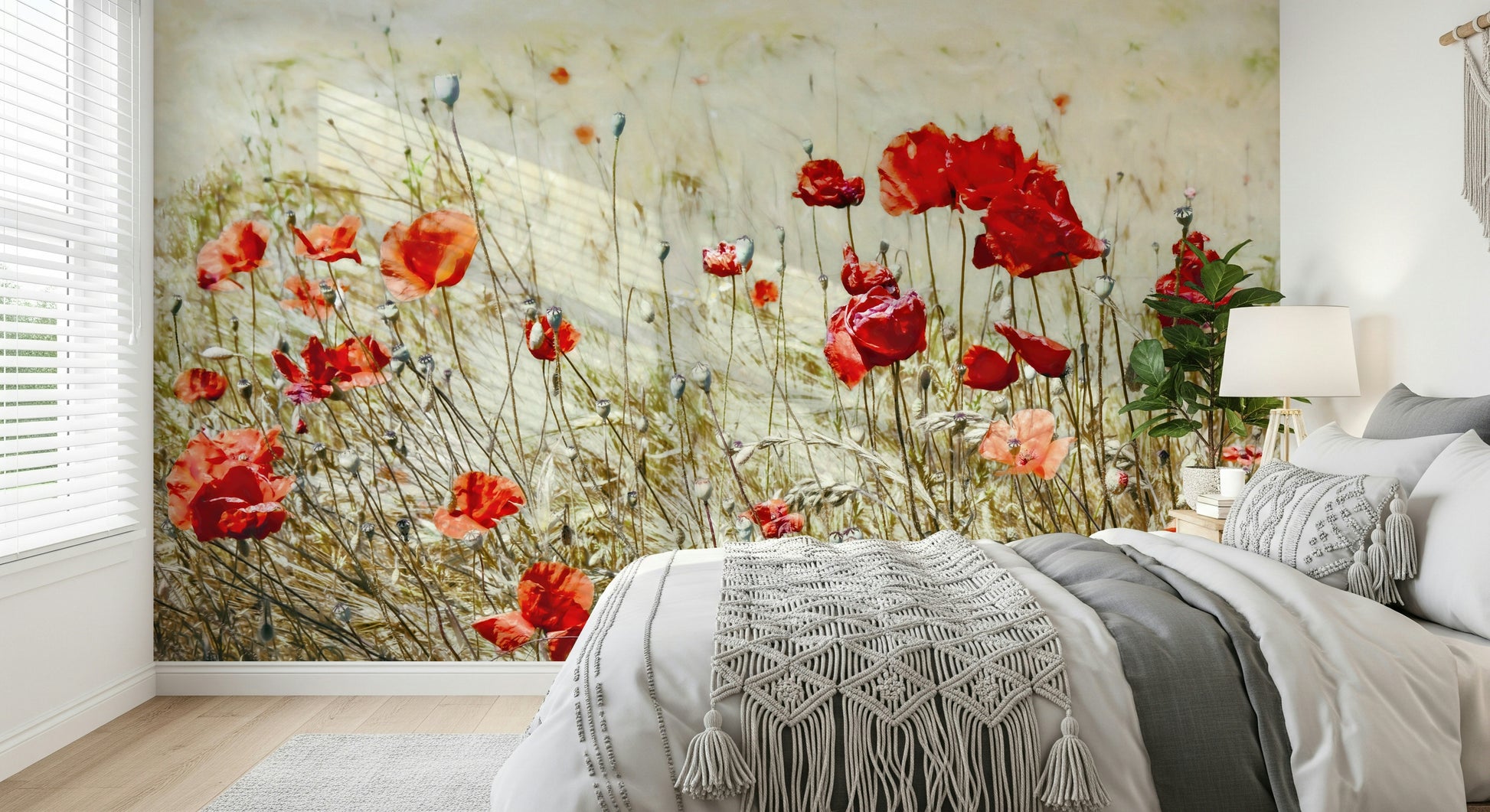 A beautiful vibrant floral wallpaper mural with scarlet red and burgundy blooms.