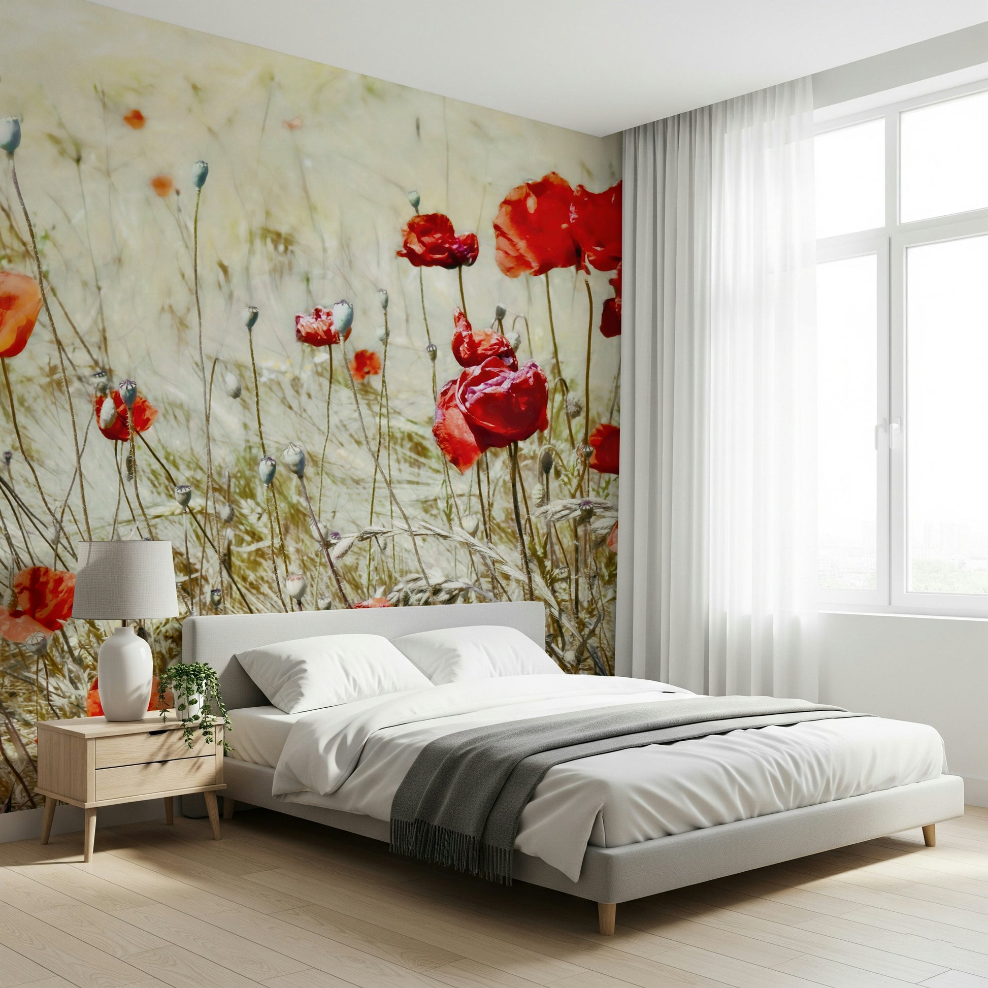 An artistic delicate bloom mural on minimalist wallpaper.