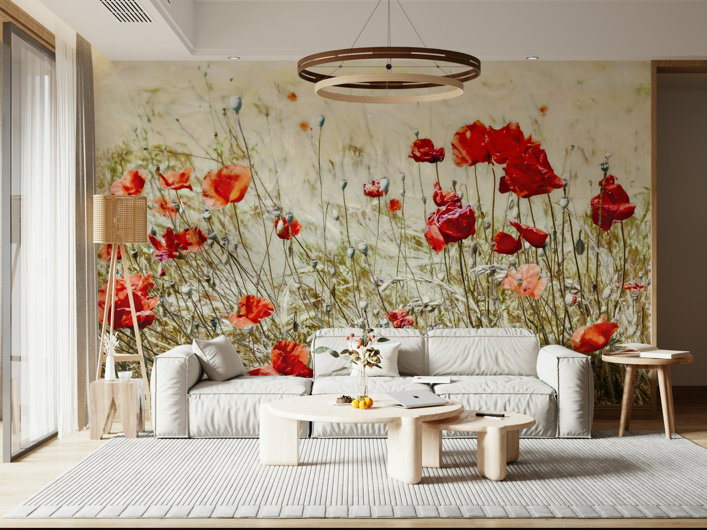 A peaceful flower design mural on decorative wallpaper.