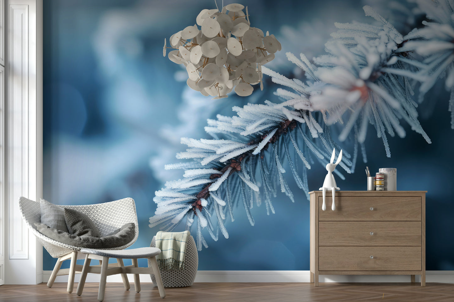 A peaceful modern abstract mural on decorative wallpaper.