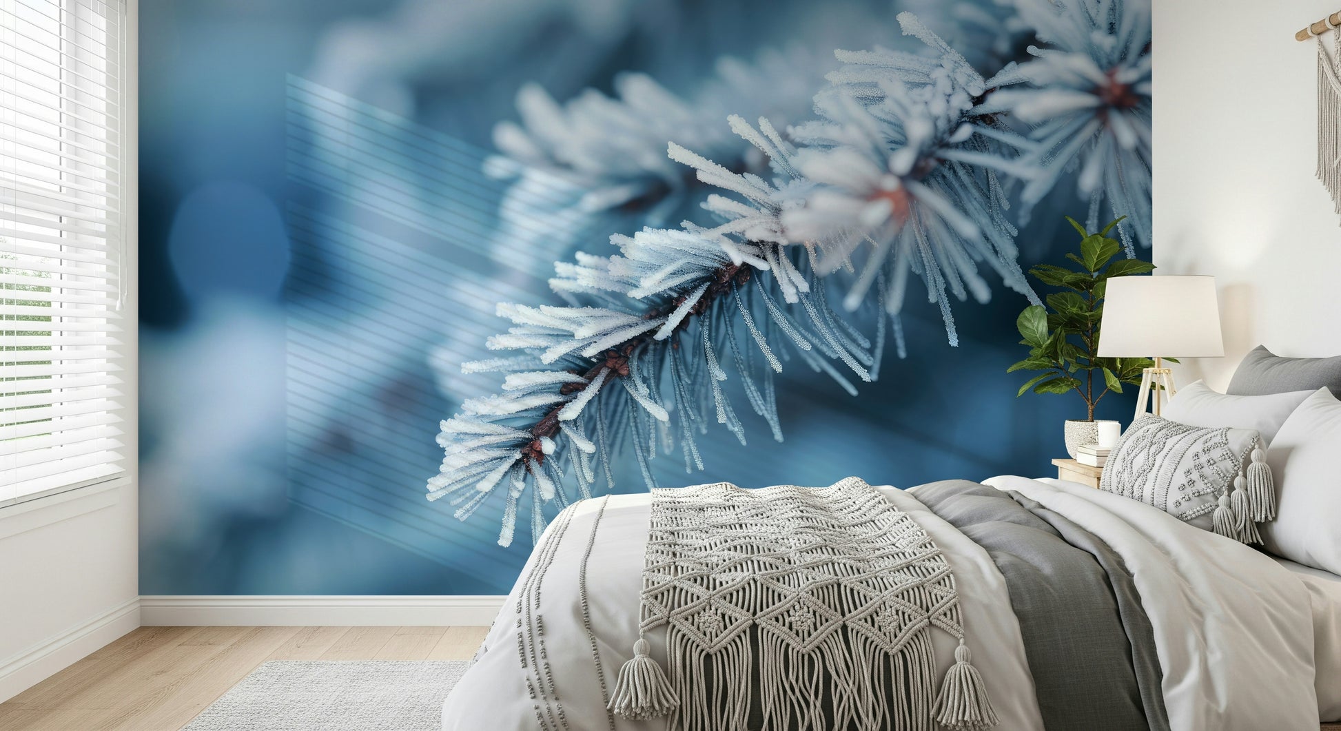 An artistic soft focus branch mural on minimalist wallpaper.