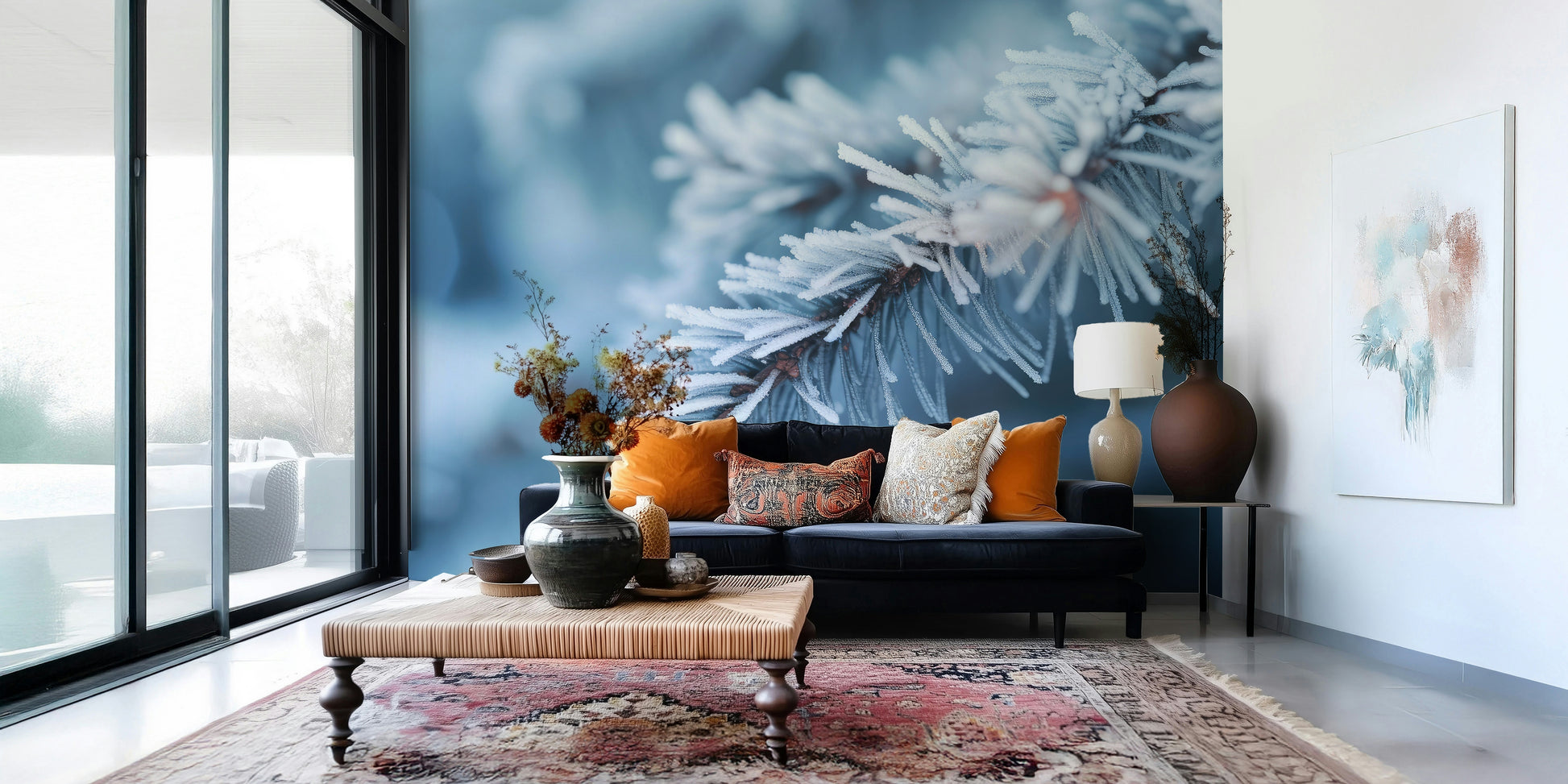 A calming abstract design wallpaper mural that defines a space.