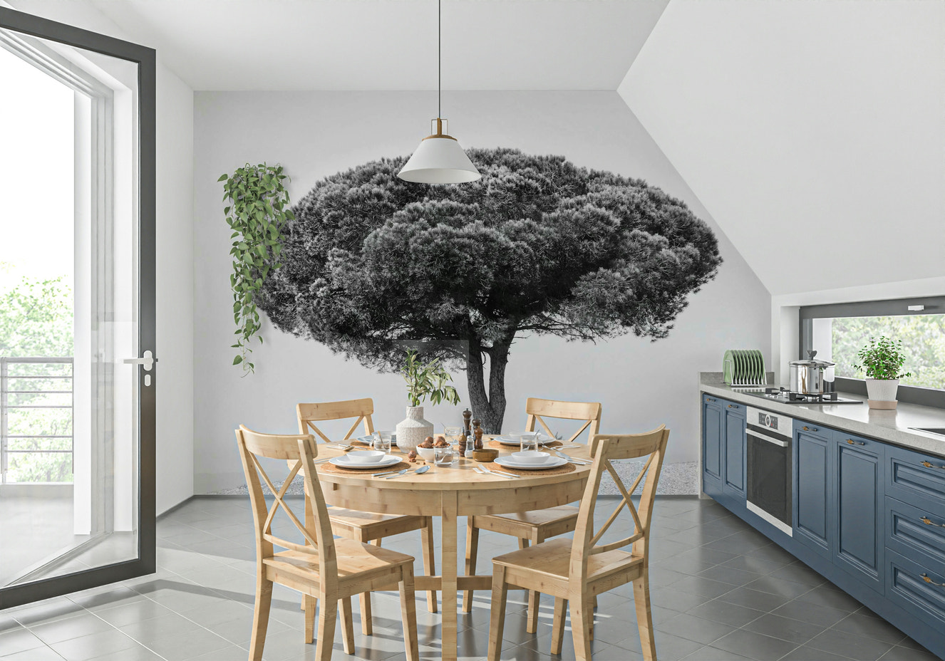 A beautiful solitary mountain wallpaper mural in a minimalist, serene style.