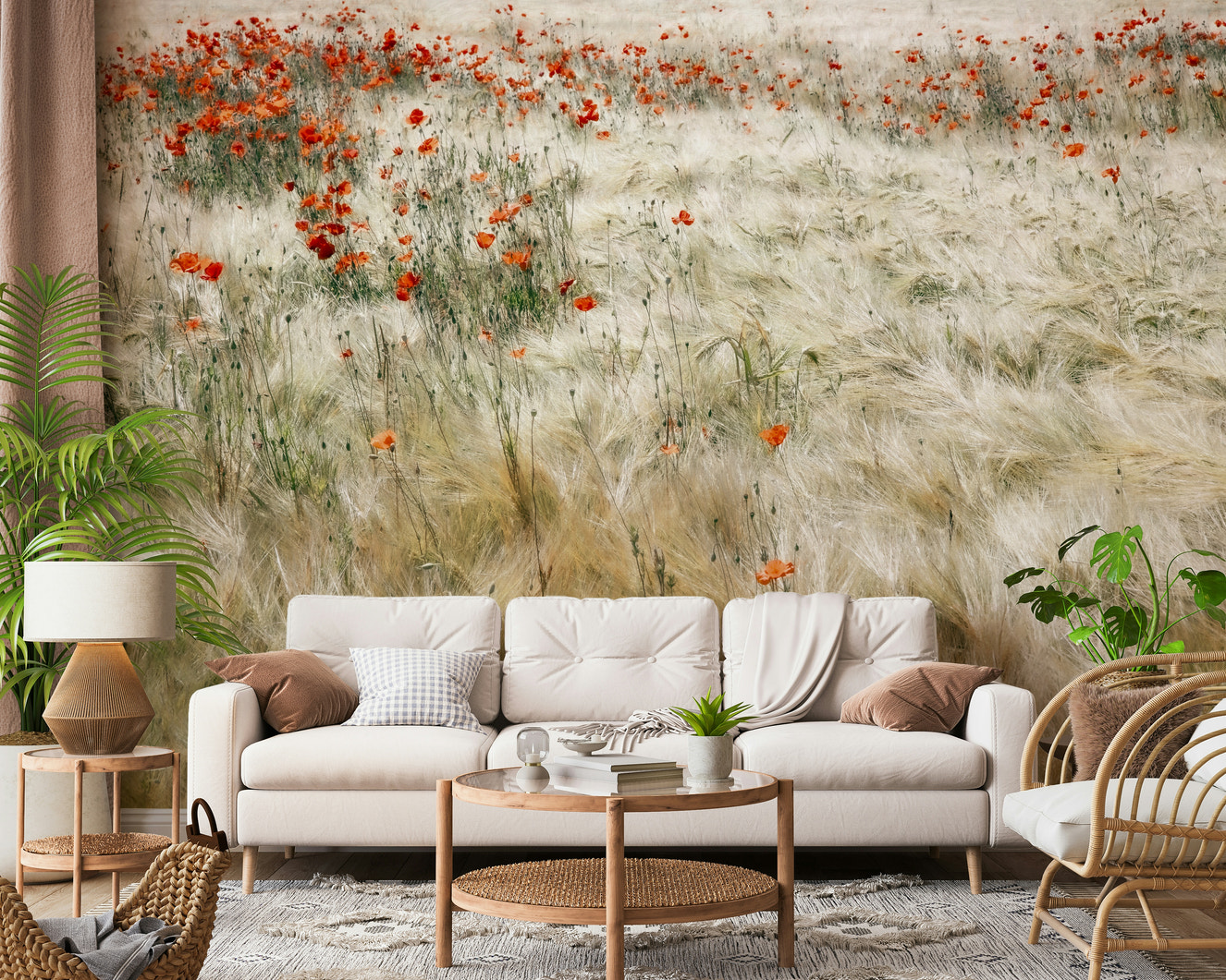 A beautiful vibrant poppy field wallpaper mural for a modern home.