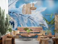 An artistic soft focus frond mural on elegant wallpaper.