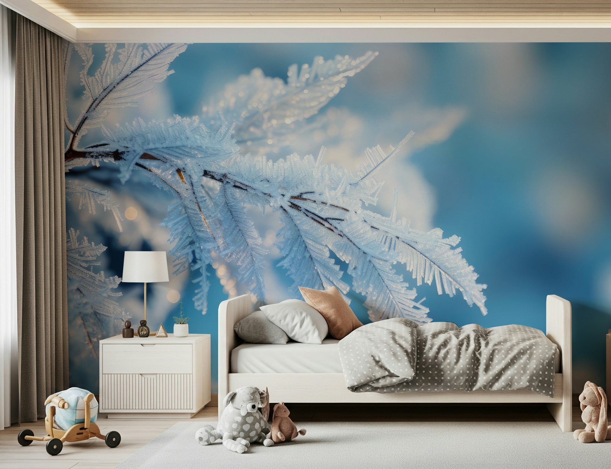 A beautiful subtle leaf wallpaper mural with an icy, frosted texture.