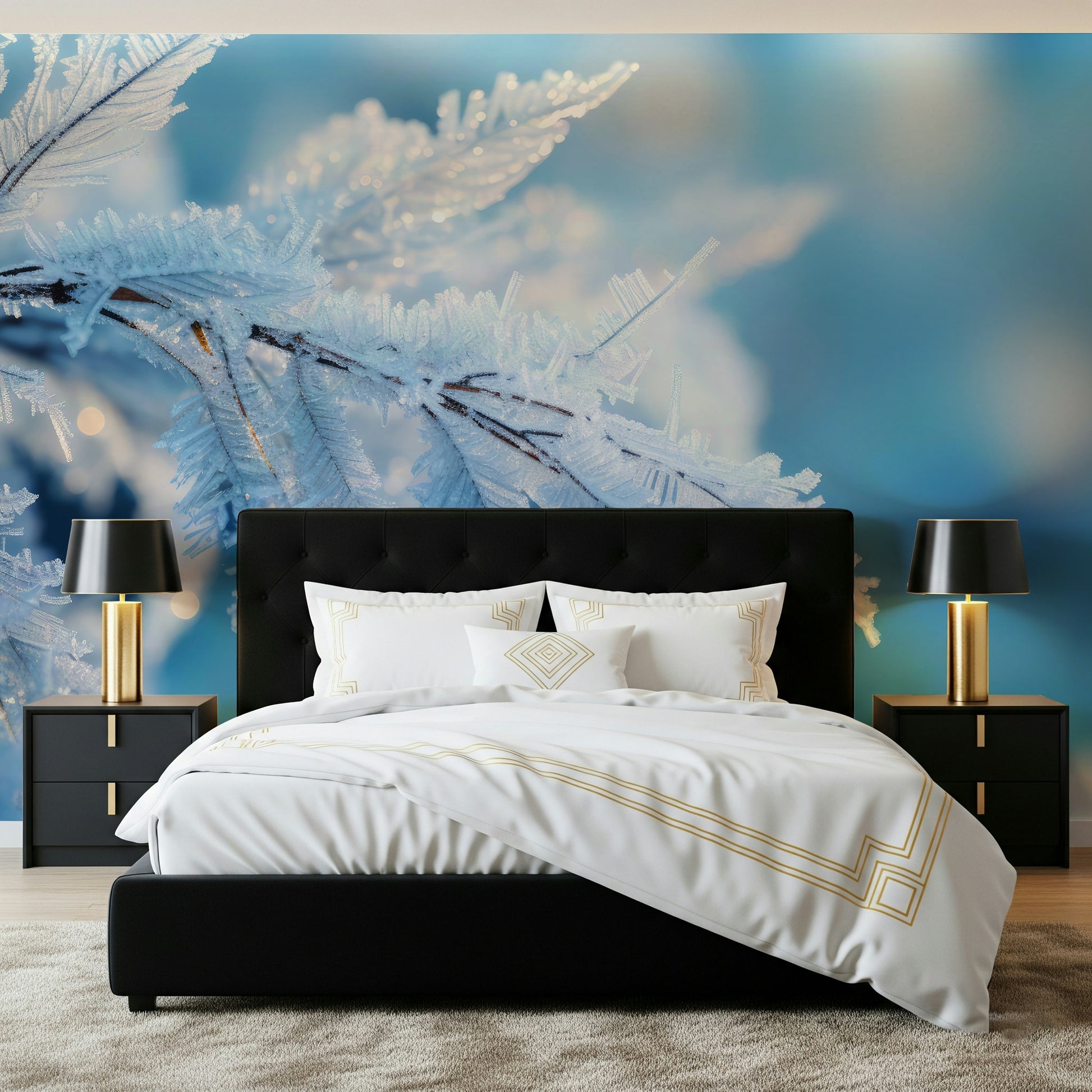 A peaceful modern abstract mural on decorative wallpaper.