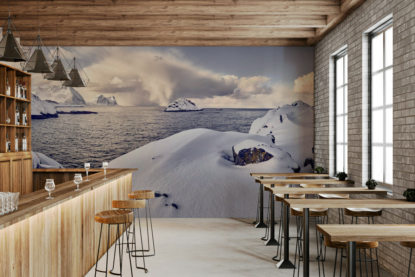 A graceful subtle pattern wall mural in cool, icy blue and white tones.
