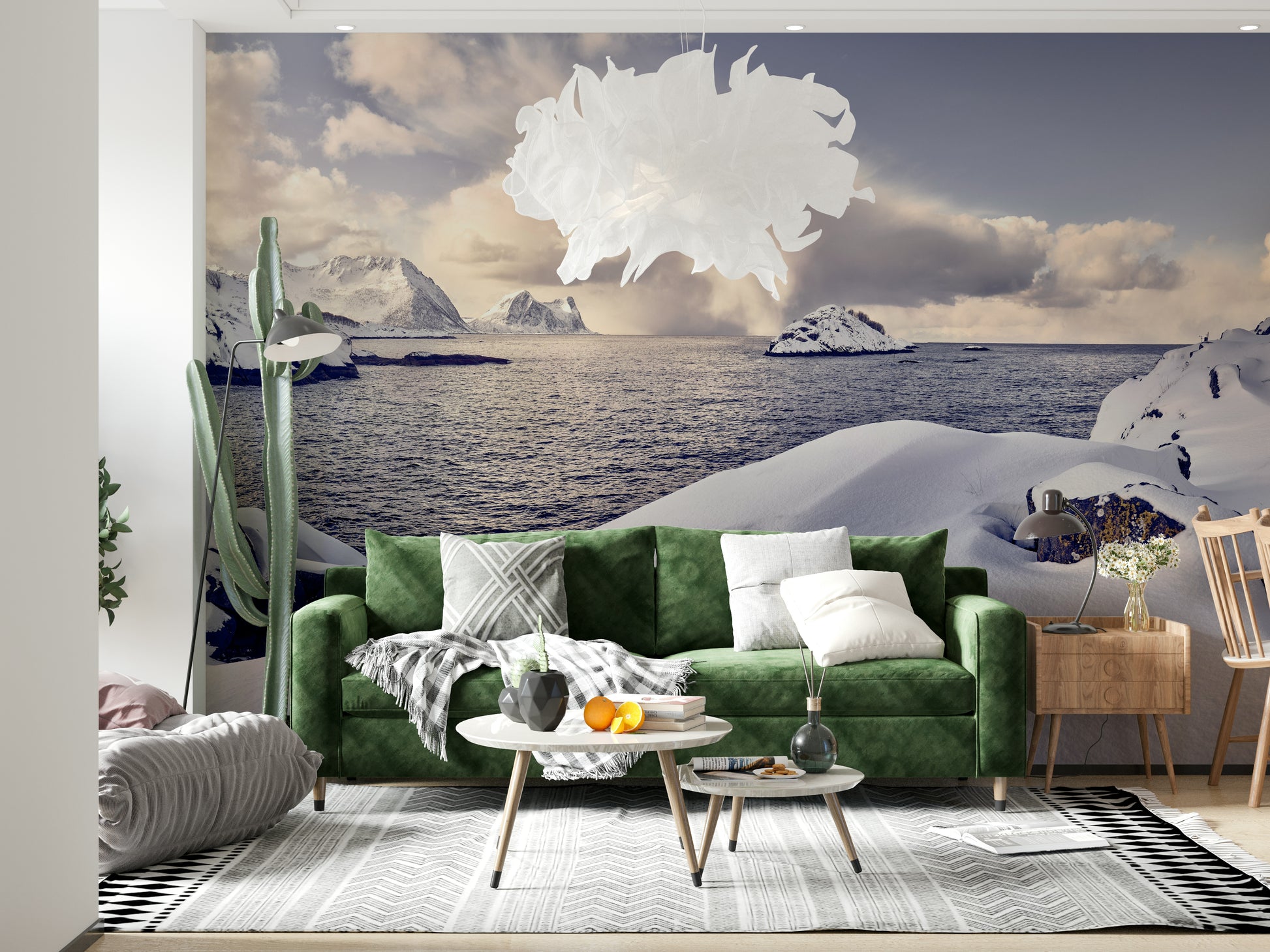 A peaceful modern abstract mural on decorative wallpaper.