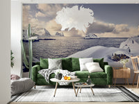 A peaceful modern abstract mural on decorative wallpaper.