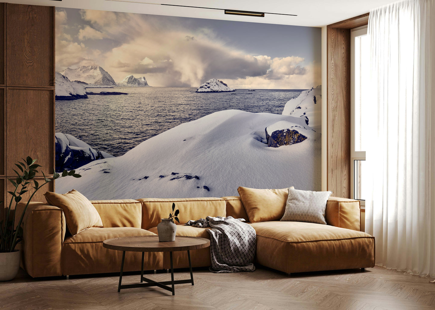A serene flowing design wall mural for contemplative decor.