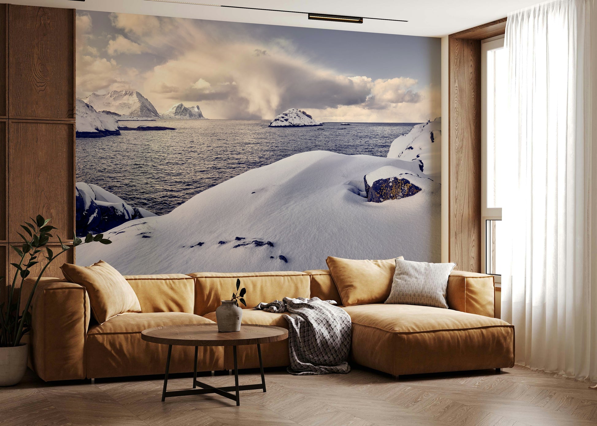 A serene flowing design wall mural for contemplative decor.