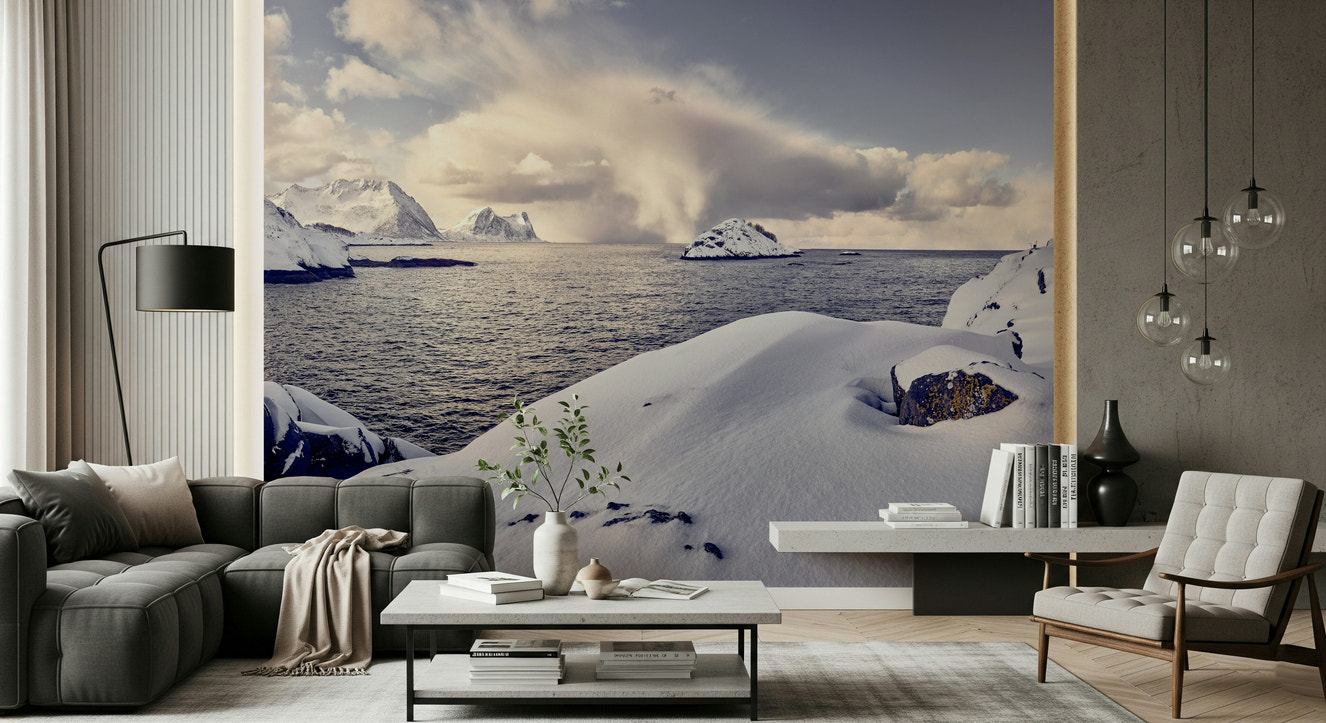 A beautiful abstract arctic wallpaper mural with subtle, cool tones and ice texture.