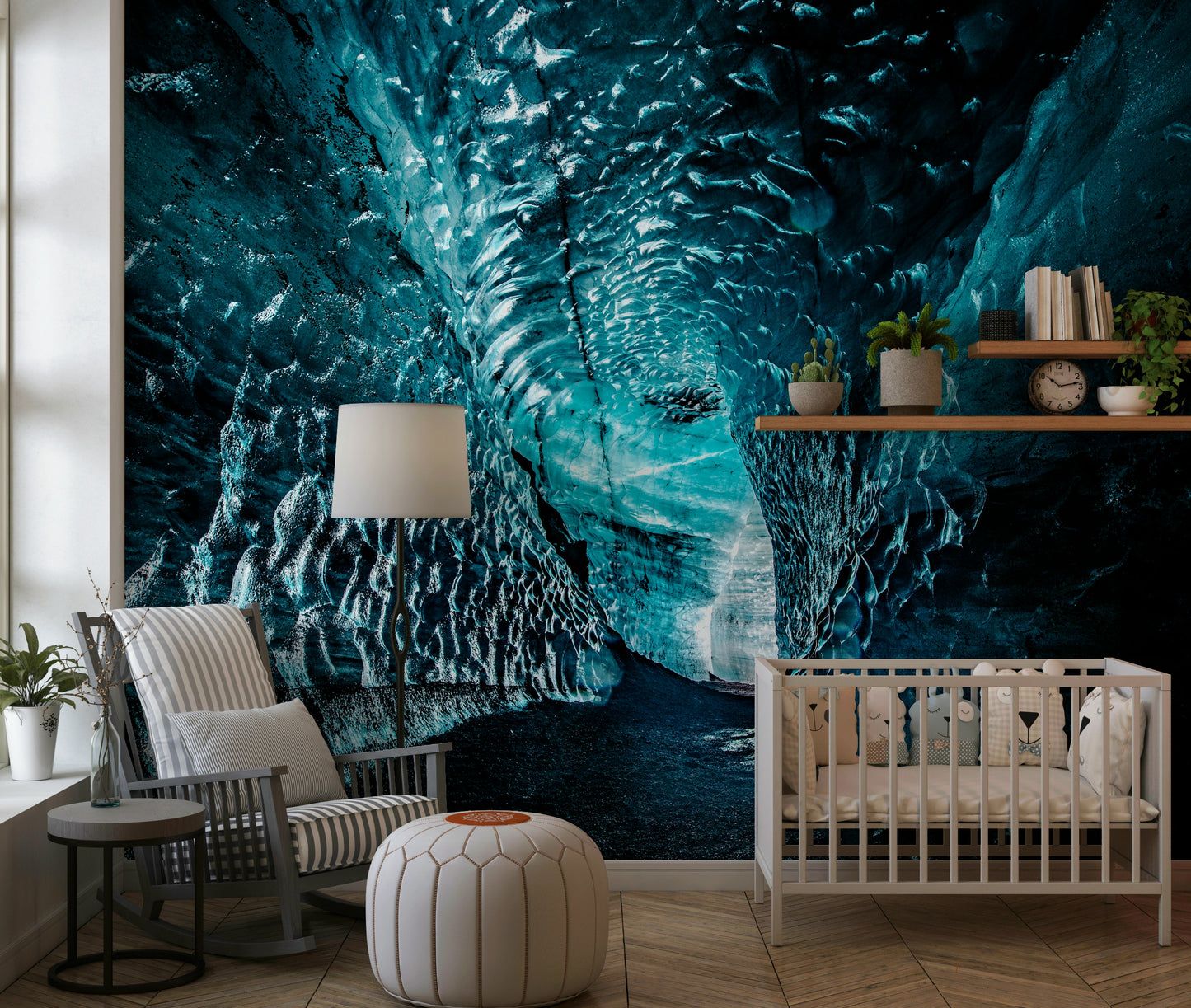 A peaceful modern abstract mural on decorative wallpaper.