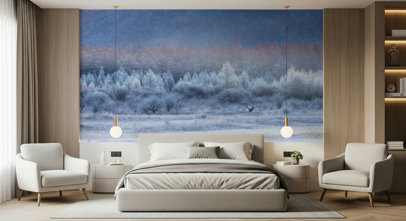 A beautiful panoramic vista wallpaper mural of a frozen dawn or icy landscape.