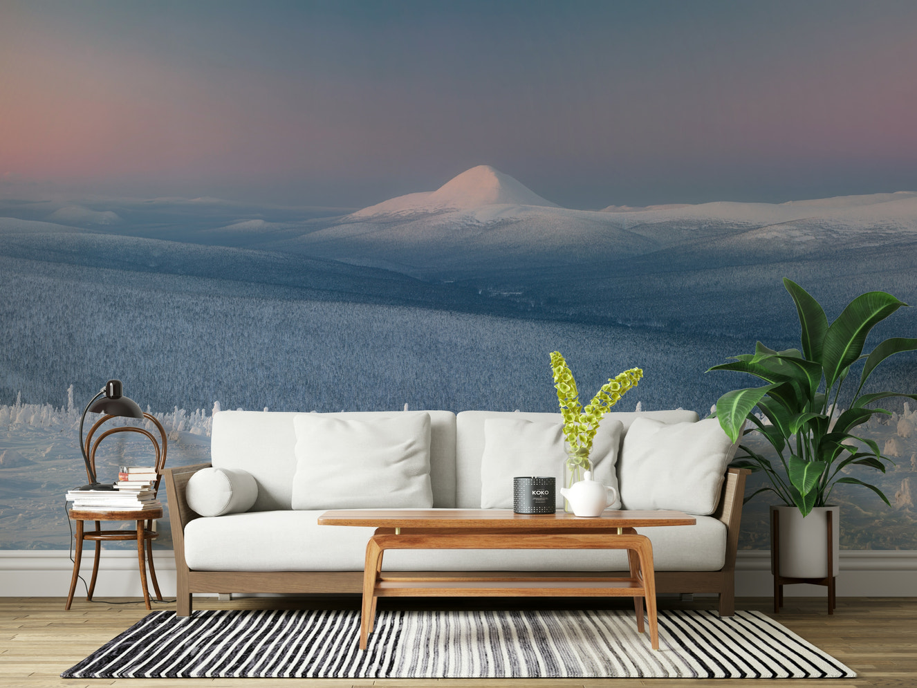 A beautiful icy mountain wallpaper mural with subtle, misty peaks.