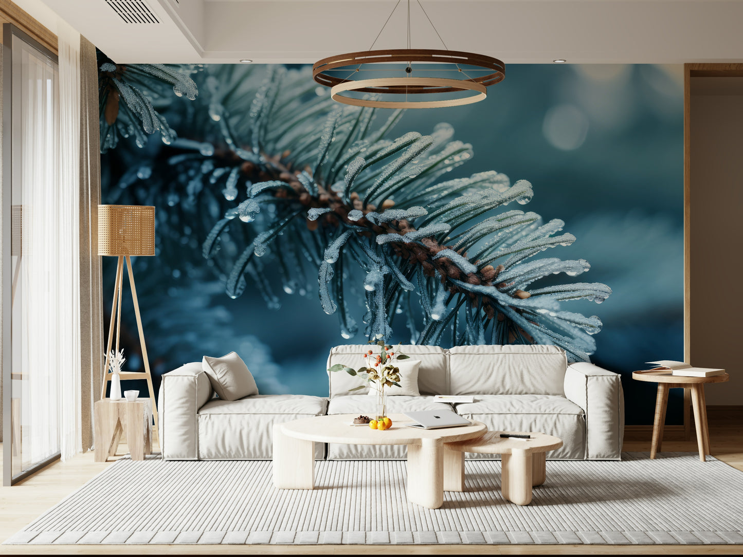 A calming abstract design wallpaper mural that defines a space.