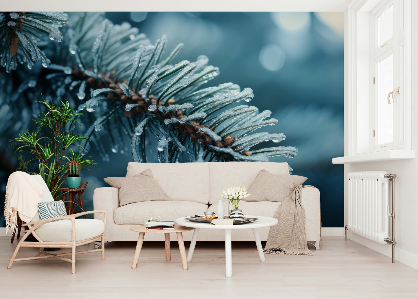 A peaceful modern abstract mural on decorative wallpaper.