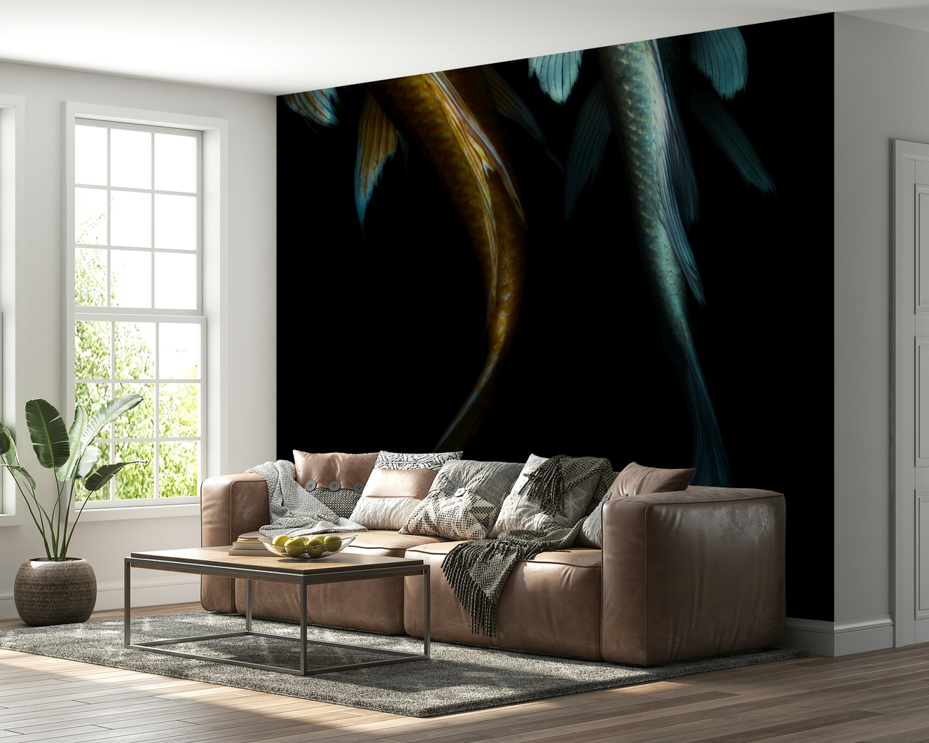 A serene flowing water wall mural with subtle, stylized koi.