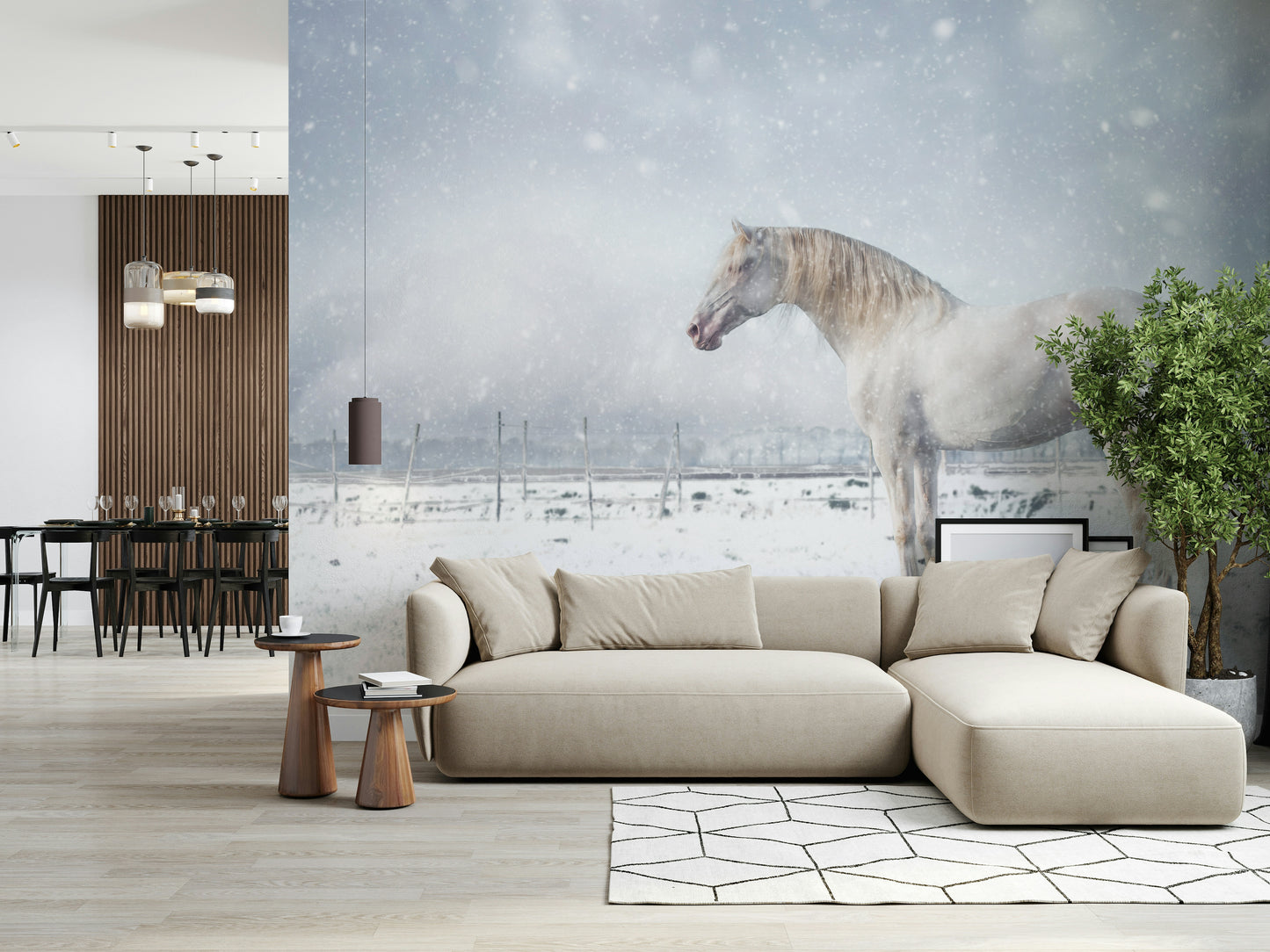 A graceful subtle pattern wall mural in cool, neutral tones.
