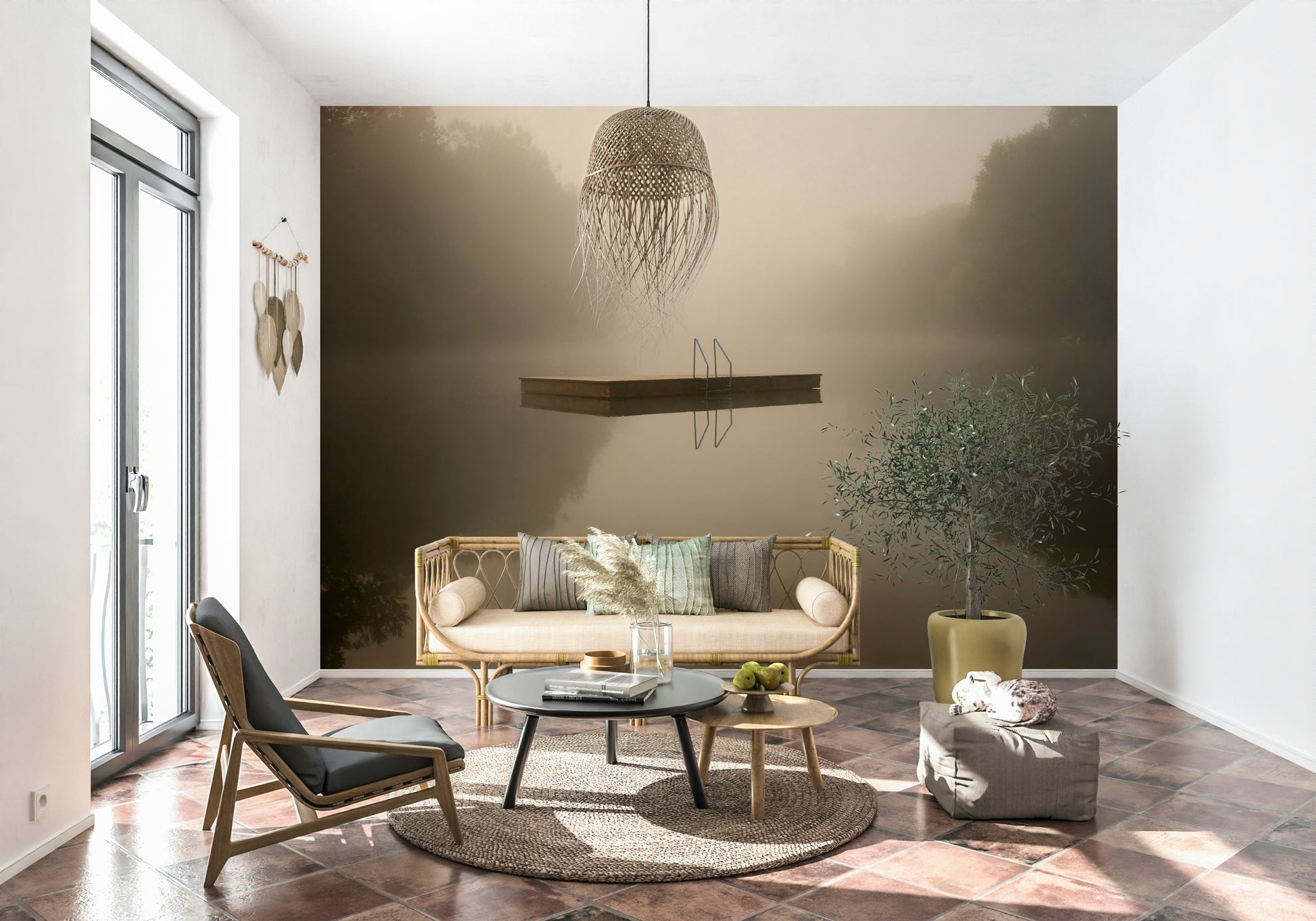 A beautiful wide-angle wall mural of a serene landscape.