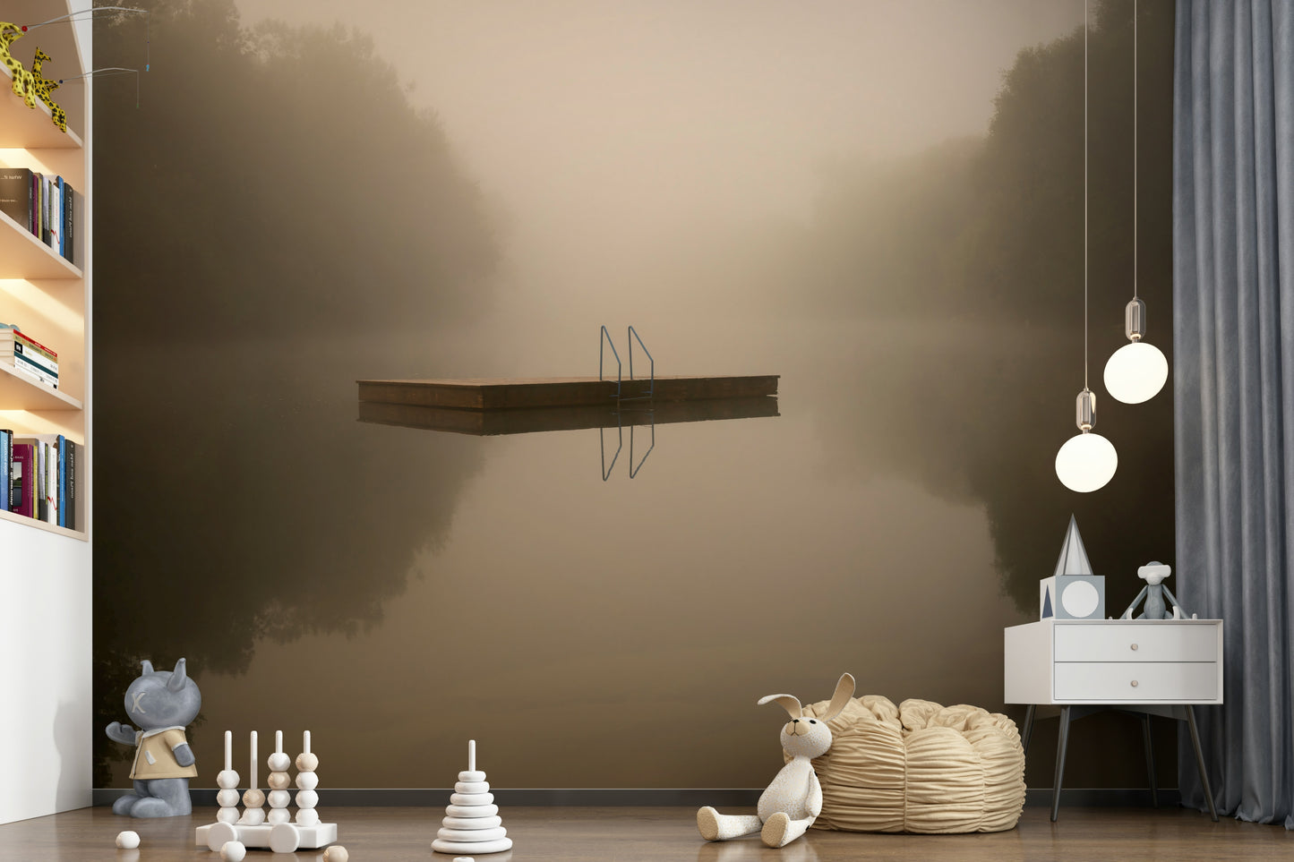 A calming serene view wallpaper mural that defines a space.