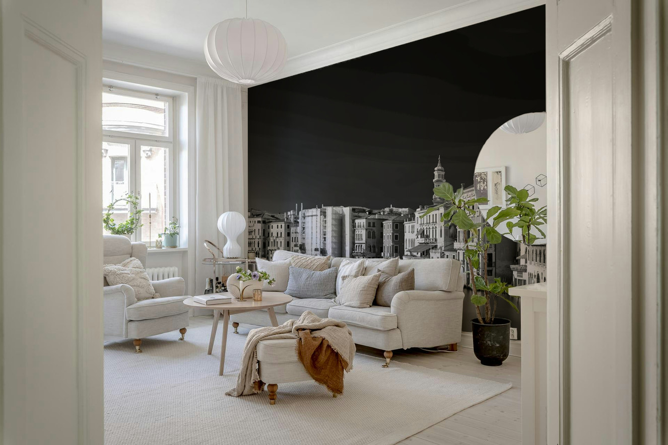 A beautiful monochrome abstract wallpaper mural inspired by Venetian architecture or water reflections.